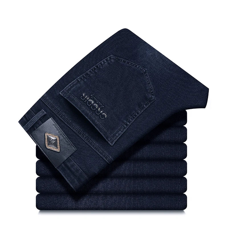 2024 Autumn Winter New High Elasticity Men's Business Jeans Haze Blue Black Gray Denim Trousers Men's Pants Work Clothes Brand