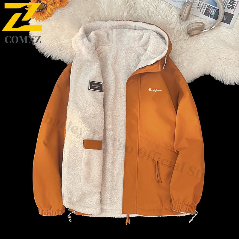 COMXZ Men Reversible Sherpa Jacket Waterproof Windproof Mountain Climbing Coat Winter Thickened Fleece Outdoor Sports Hood Parka