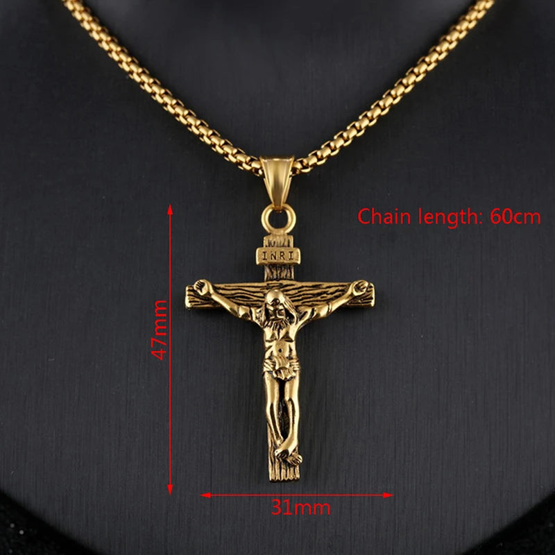 1P Fashion Crucifix Jesus Christ Men Jewelry Gold Brown Silver Color Metal Cross Pendant With Neck Chain Necklaces For Man Women