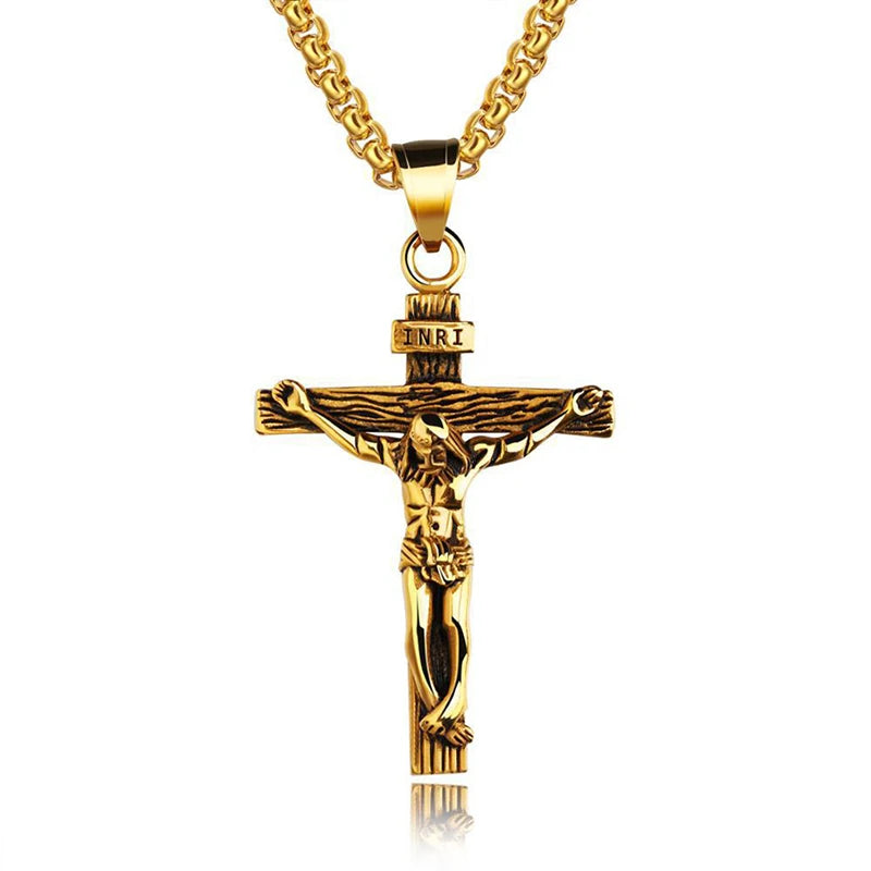 1P Fashion Crucifix Jesus Christ Men Jewelry Gold Brown Silver Color Metal Cross Pendant With Neck Chain Necklaces For Man Women