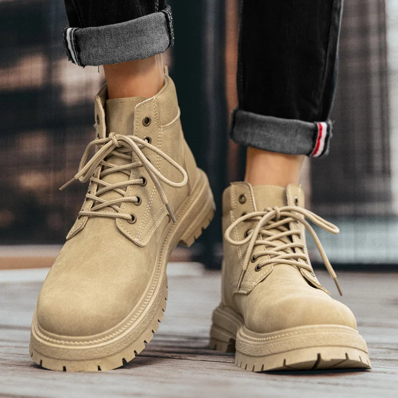 Classic Black Men's Motorcycle Shoes Autumn Winter Platform Leather Boots Man Outdoor Lace-Up Ankle Boots for Men Botas Hombre