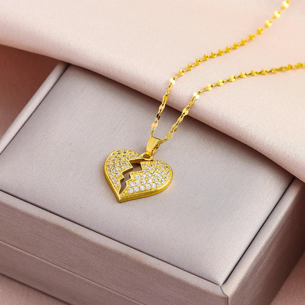 New Fashion 18K Gold Plated Broken Heart Pendant Necklaces For Women Trendy Female Stainless Steel Neck Chain Jewelry Wholesale
