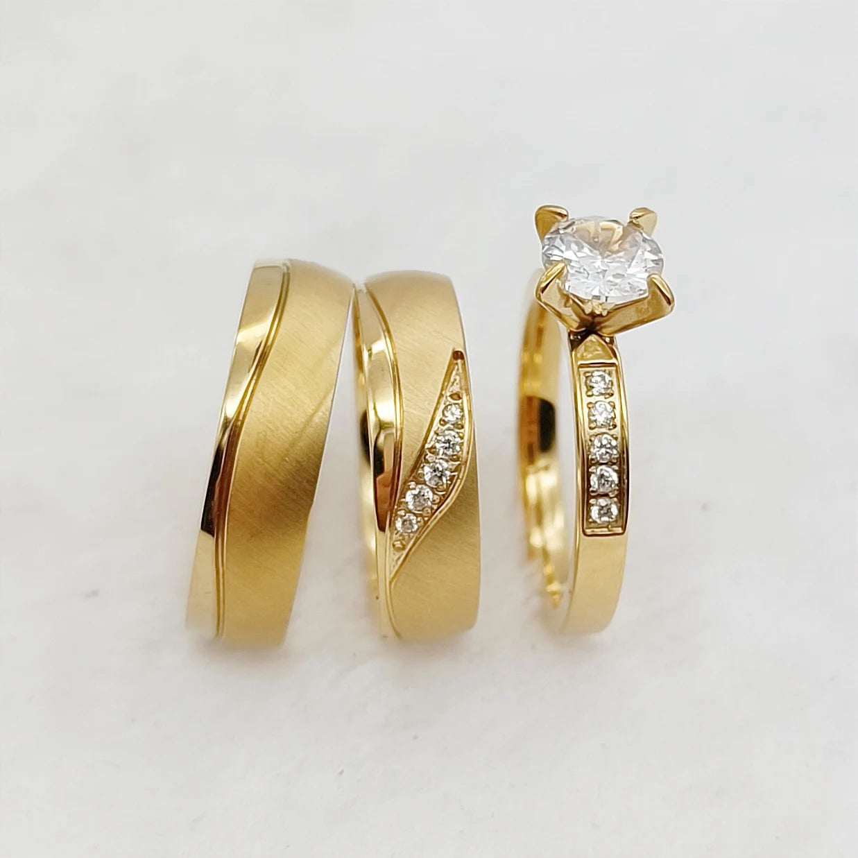 Couples Wedding Engagement Rings Set 3pcs Wholesale 18k Gold Plated Stainless SteeL Jewelry Finger Lovers Ringe with CZ Stones