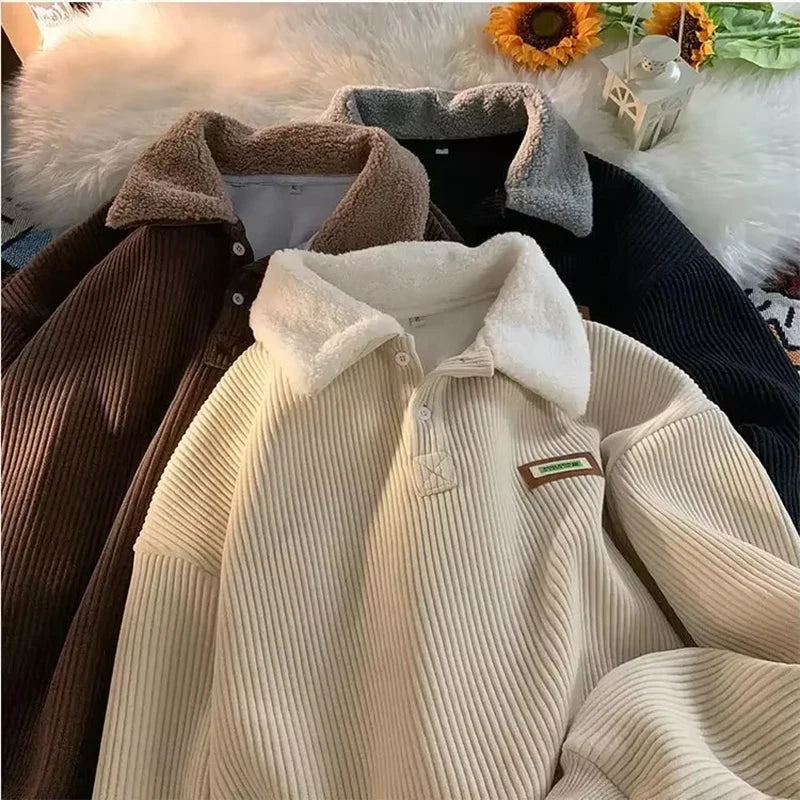 New Vintage Brown Corduroy POLO Collar Oversized Sweatshirt  Streetwear Loose Pullover Thick Velvet Winter Clothes Couples