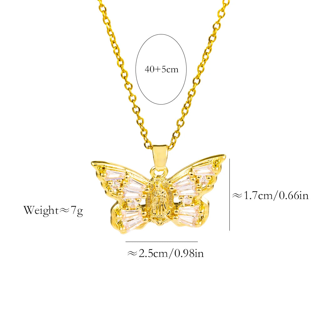 18K Gold Plated Virgin Mary Butterfly Pendant Necklaces For Women Female Daily Wear Stainless Steel Neck Chain Jewelry Ladies