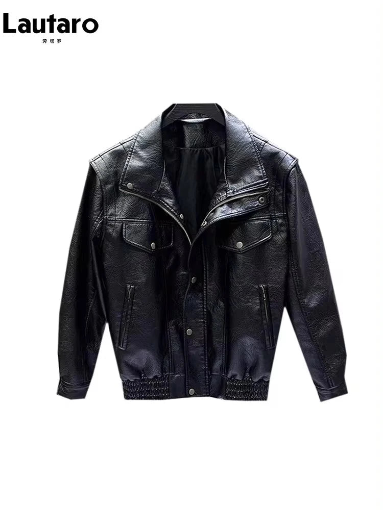 Lautaro Autumn Winter Cool Oversized Black Thickened Warm Pu Leather Jacket Men Stand Collar Zip Up Luxury Designer Clothes 2023
