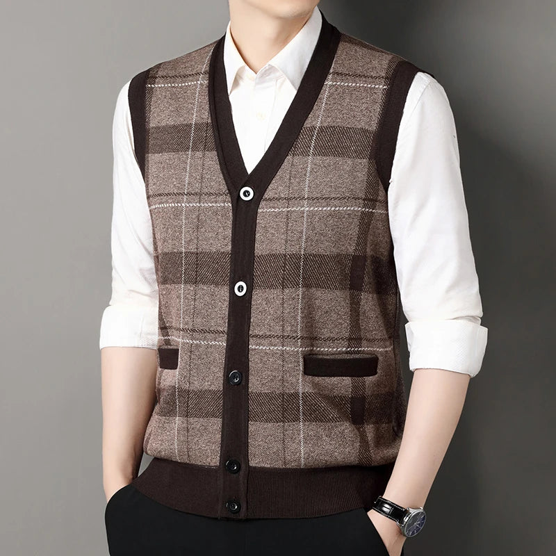 Autumn Winter Men's Sweater Vest Casual Sleeveless Knit Jackets Men Fashion Plaid V-neck Cardigans Man Clothes Knitted Waistcoat