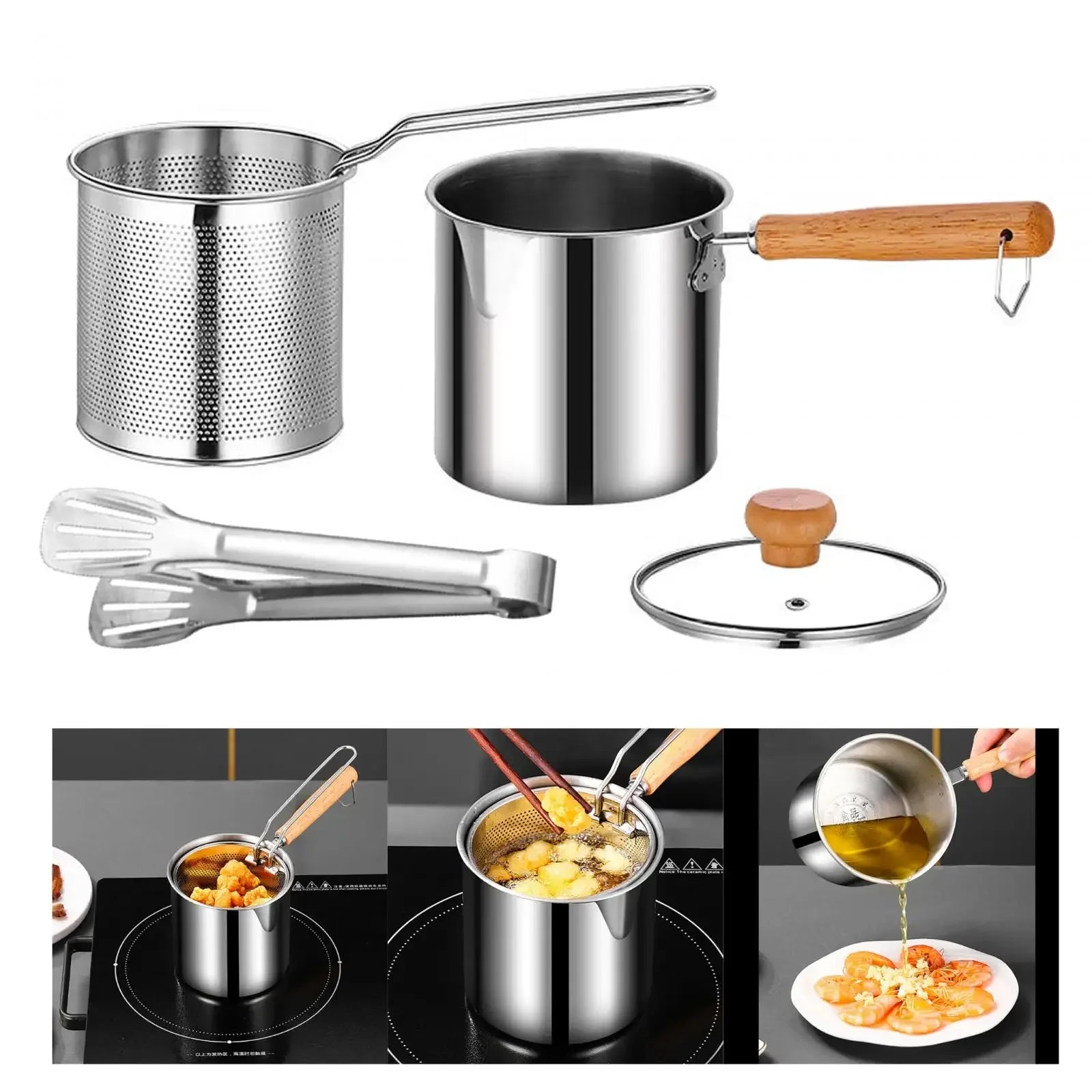 1200ML Chicken Fried Pot with Strainer Basket French Fries Fryer 304 Stainless Steel for French Fries Chicken Fry