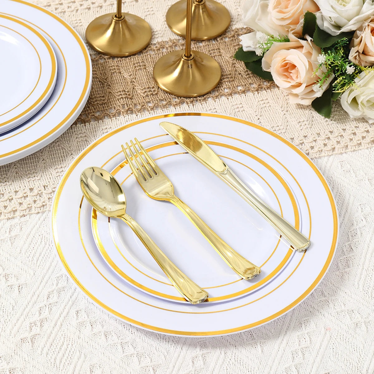 50Pieces White Gold Plastic Tableware Set  for Birthday Party, Baby Shower, Wedding Party Supplies