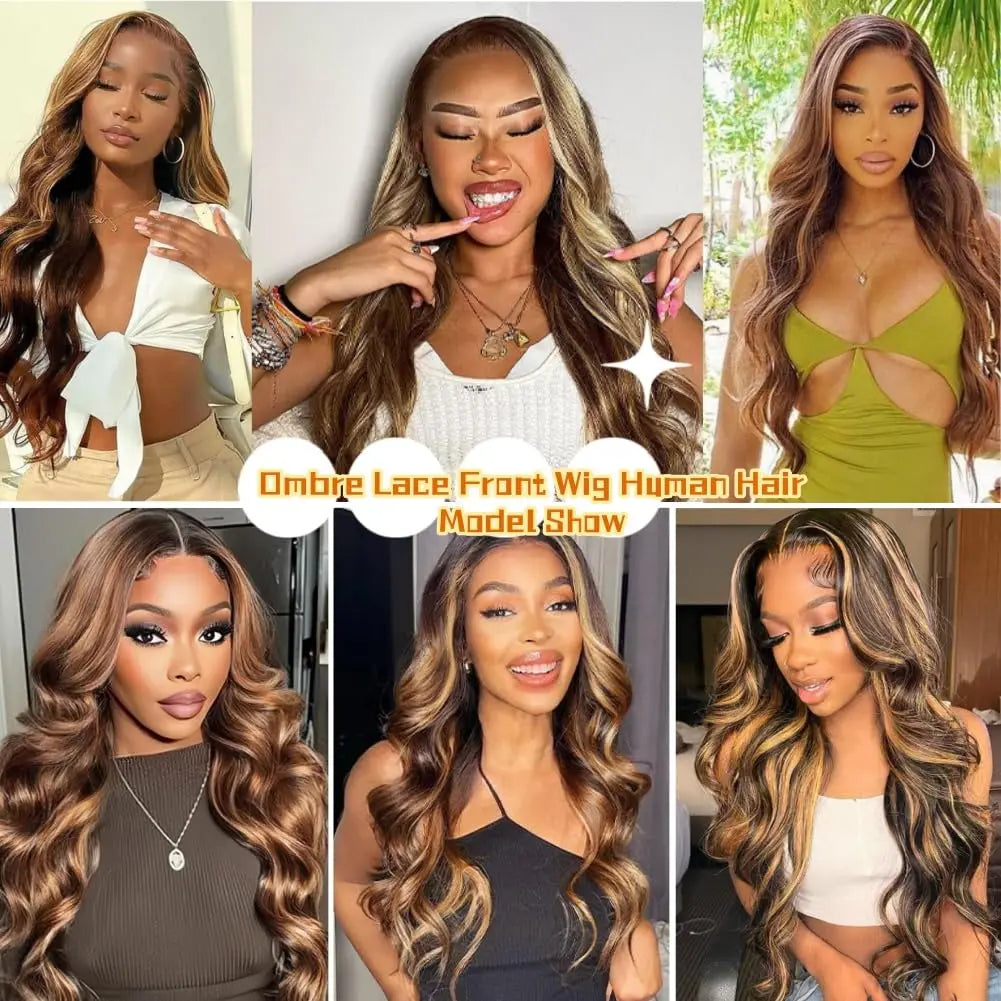 Highlight Wig Human Hair Body Wave Lace Frontal Wigs Colored 13x4 Lace Frontal Wig P4/27 Ombre Honey Blond Lace Front Human Hair