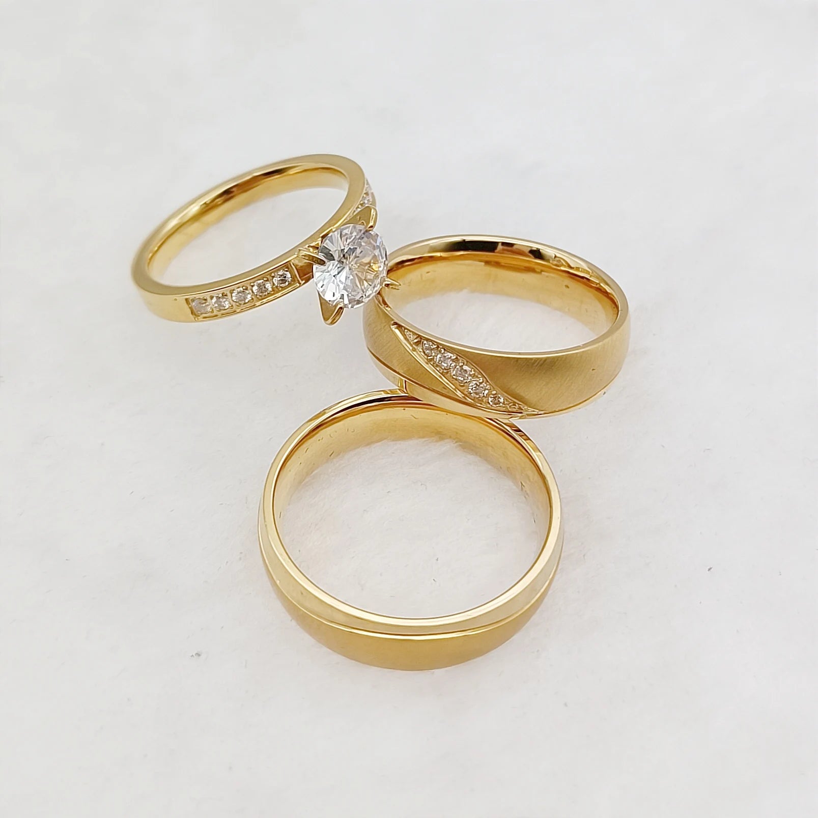 Couples Wedding Engagement Rings Set 3pcs Wholesale 18k Gold Plated Stainless SteeL Jewelry Finger Lovers Ringe with CZ Stones