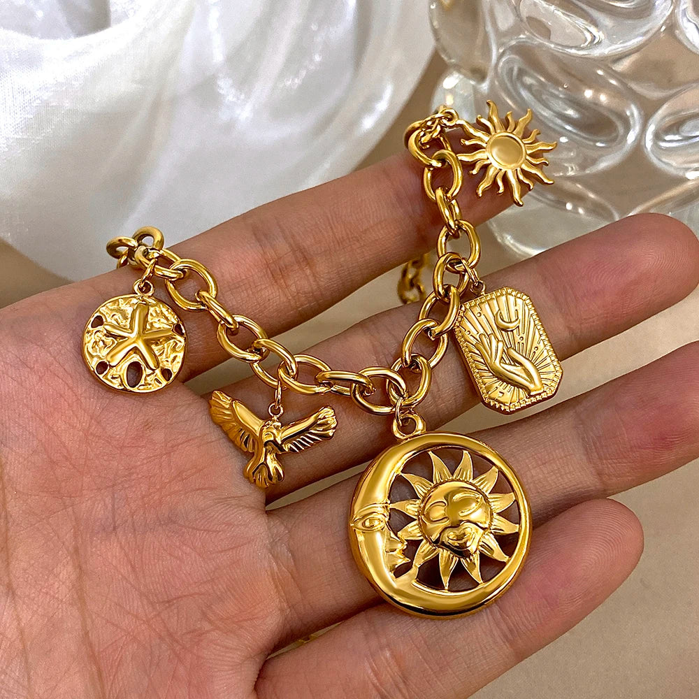Vintage Stainless Steel Sun Moon Pendant Necklace for Women Men Gold Color Chunky Chain Necklace Waterproof Jewelry on the Neck