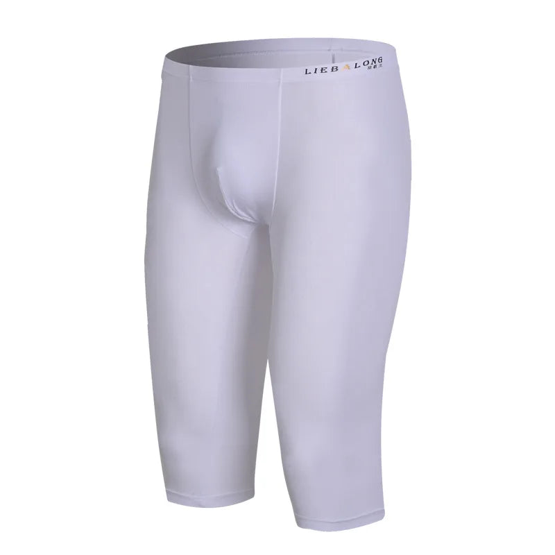 Ice Silk Long Underwear Men's Body Shaper Panties Sports Fitness Running Shorts Pants Extended Knee Length Boxershorts Stocking