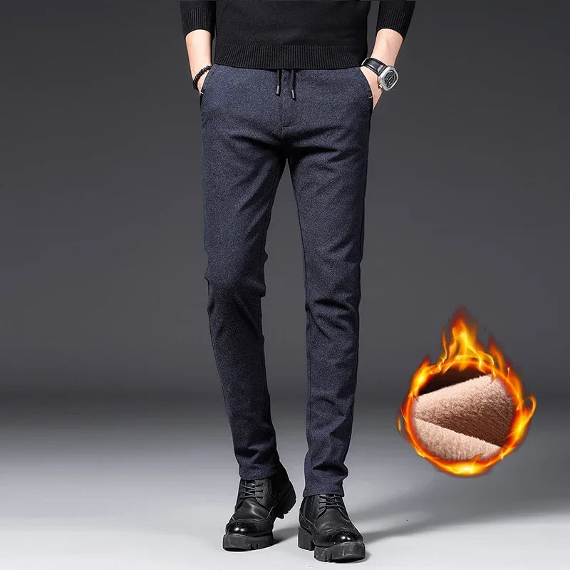 Winter Plush Trousers Men Business Fleece Pants Fashion Warm Drawstring Velvet Thick Casual Stretch Male Clothes 28-29