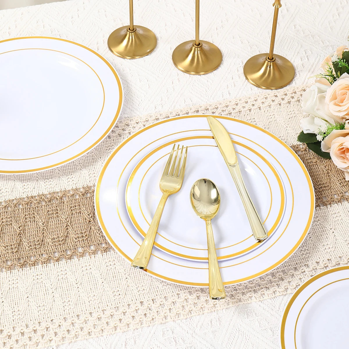 50Pieces White Gold Plastic Tableware Set  for Birthday Party, Baby Shower, Wedding Party Supplies