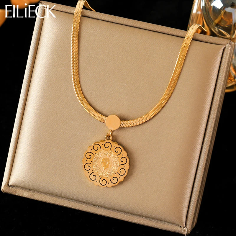 EILIECK 316L Stainless Steel Portrait Coin Pendant Necklace For Women Fashion 18K Gold Plated Neck Chain Waterproof Jewelry Gift
