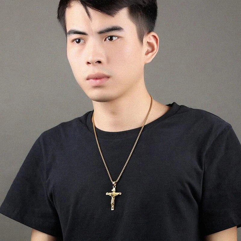 1P Fashion Crucifix Jesus Christ Men Jewelry Gold Brown Silver Color Metal Cross Pendant With Neck Chain Necklaces For Man Women