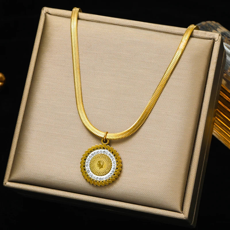 EILIECK 316L Stainless Steel Portrait Coin Pendant Necklace For Women Fashion 18K Gold Plated Neck Chain Waterproof Jewelry Gift