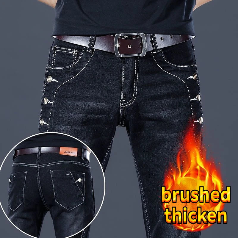 Autumn Winter Brushed Cowboy Luxury Slim Designer Clothes Male Korean Style Denim Skinny Plush Grey Jean Pants Trousers for Men