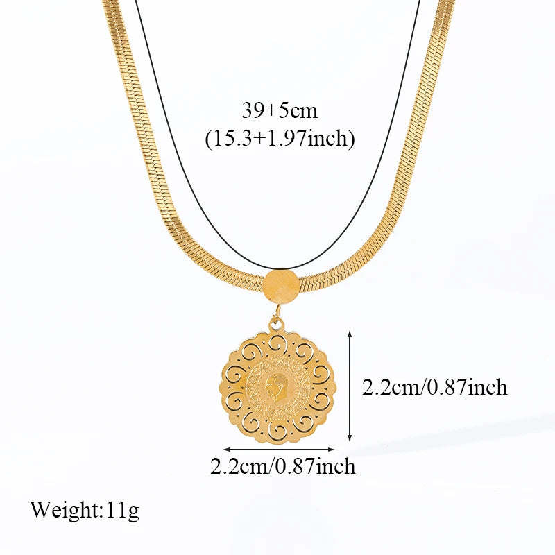 EILIECK 316L Stainless Steel Portrait Coin Pendant Necklace For Women Fashion 18K Gold Plated Neck Chain Waterproof Jewelry Gift
