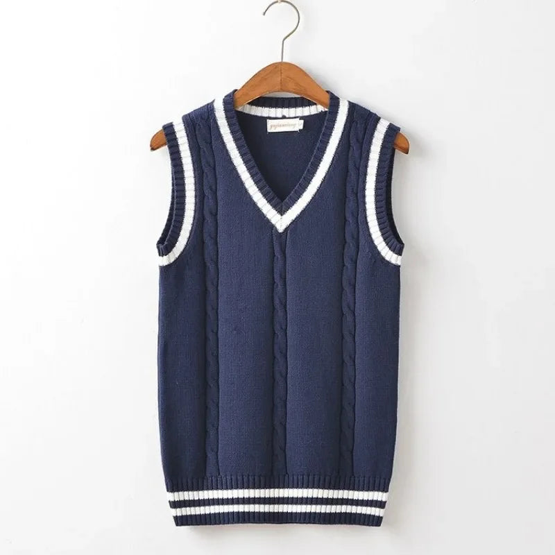 Striped White Knitted Sweaters for Men Blue Sleeveless Man Clothes V Neck Vest Red Waistcoat Jumpers Sweat-shirt Cigaret Cotton
