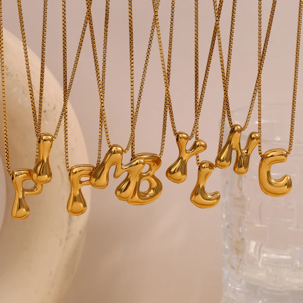 E.B.belle Large Size Bubble 26 Letter Pendant Necklace 18K Gold Plated Hypoallergenic Decoration Alphabet Neck Jewelry
