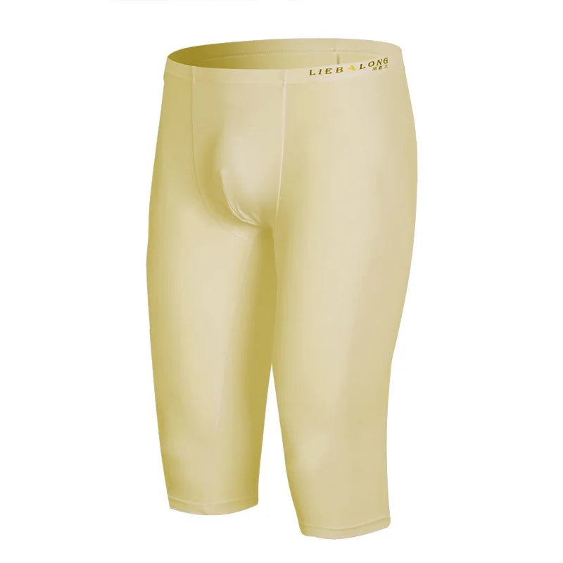 Ice Silk Long Underwear Men's Body Shaper Panties Sports Fitness Running Shorts Pants Extended Knee Length Boxershorts Stocking