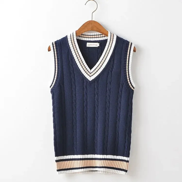 Striped White Knitted Sweaters for Men Blue Sleeveless Man Clothes V Neck Vest Red Waistcoat Jumpers Sweat-shirt Cigaret Cotton