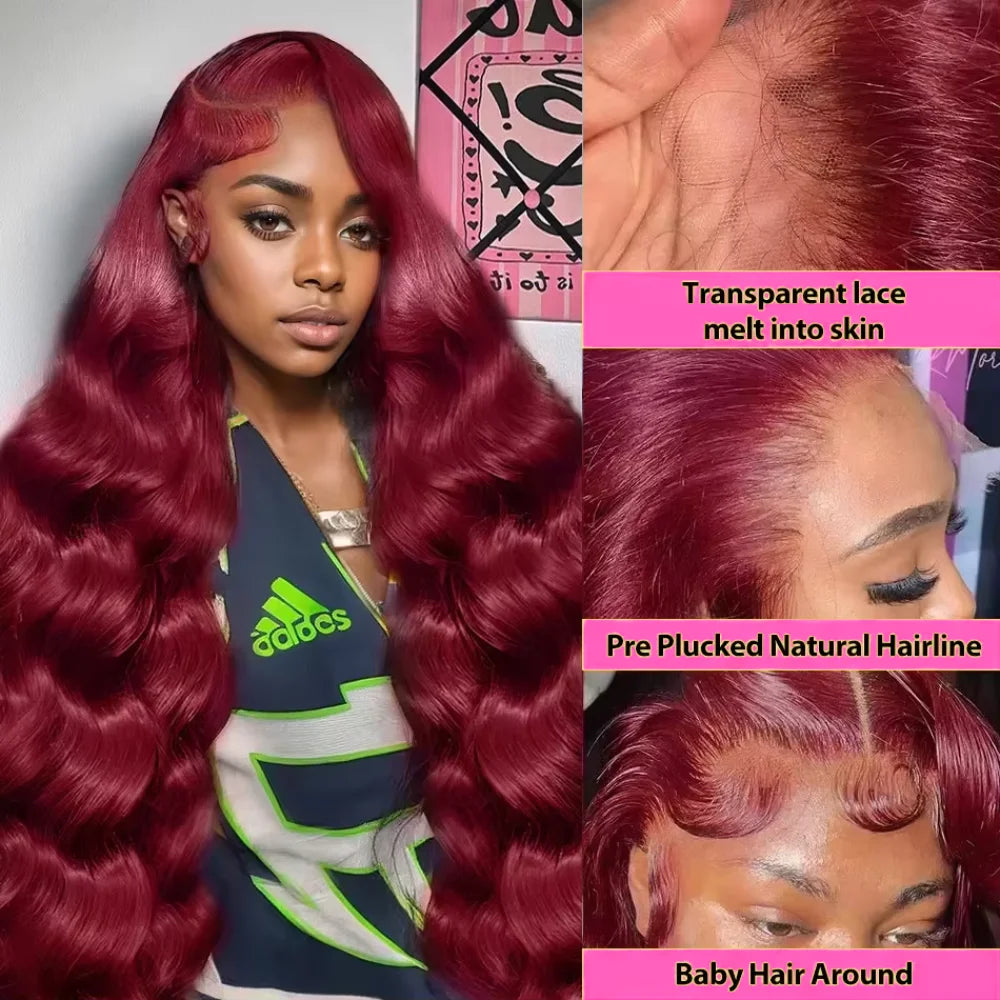 Red Colored 220 Density 99J Burgundy Body Wave Human Hair 13x4 13x6 HD Lace Front Wigs Pre-Plucked Max Hd Lace Wig For Women