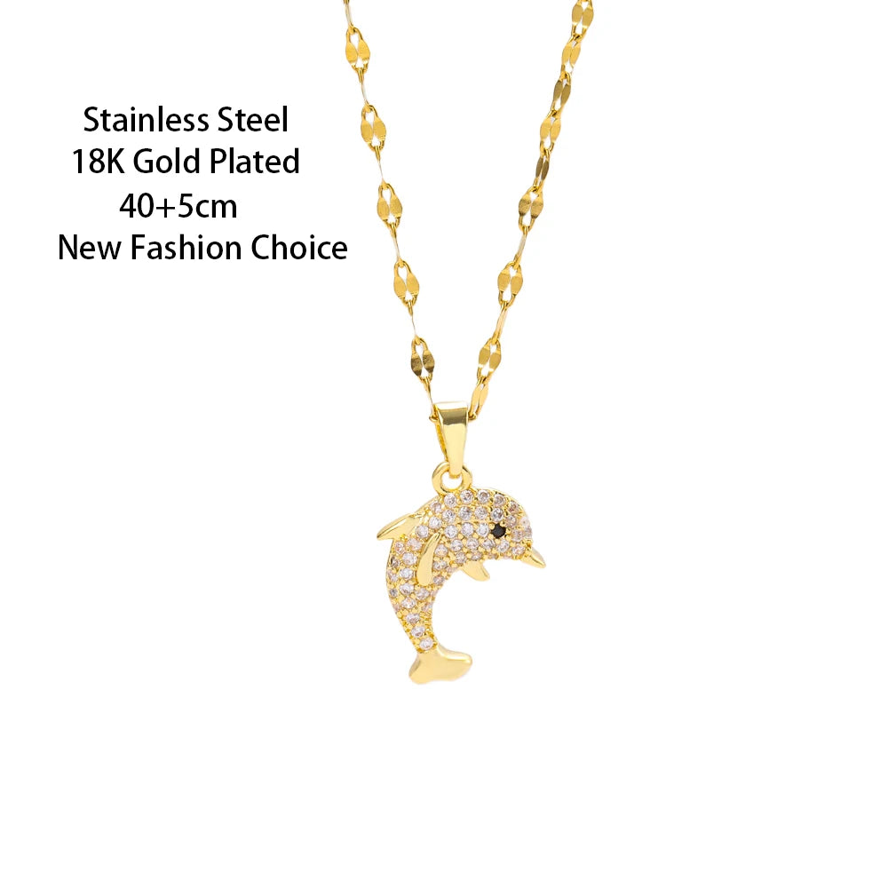 New In Sweet Cute Zircon Crystal Dolphin Pendant Necklaces For Women Trendy 18K Gold Plated Stainless Steel Neck Chain Jewelry