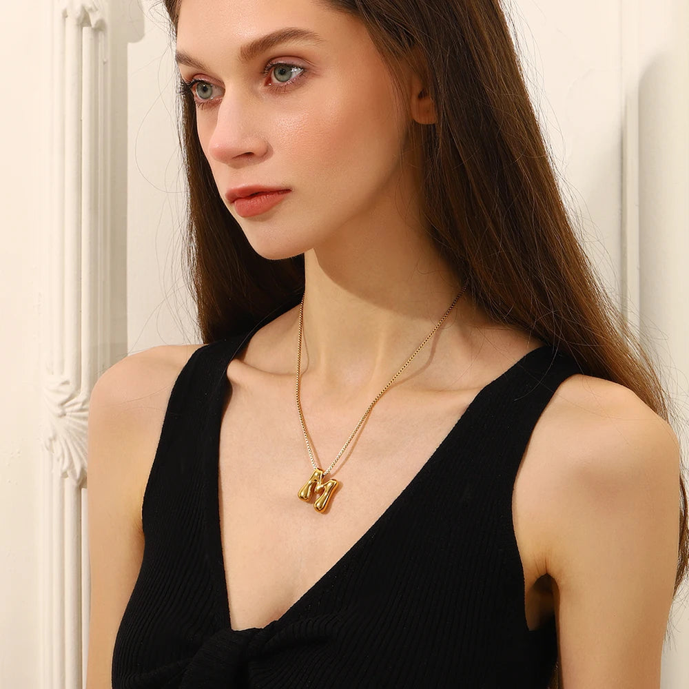 E.B.belle Large Size Bubble 26 Letter Pendant Necklace 18K Gold Plated Hypoallergenic Decoration Alphabet Neck Jewelry