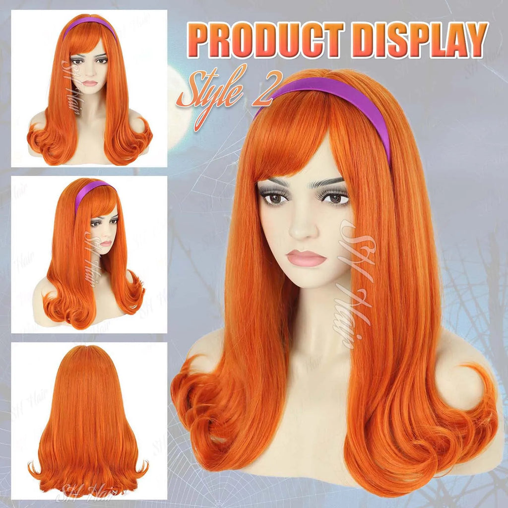 Synthetic Long Curly Orange Wig+Purple Headband Daphne Wig,Brown Wig with Bangs+Glasses+Magnifying Glass Velma Wig for Halloween