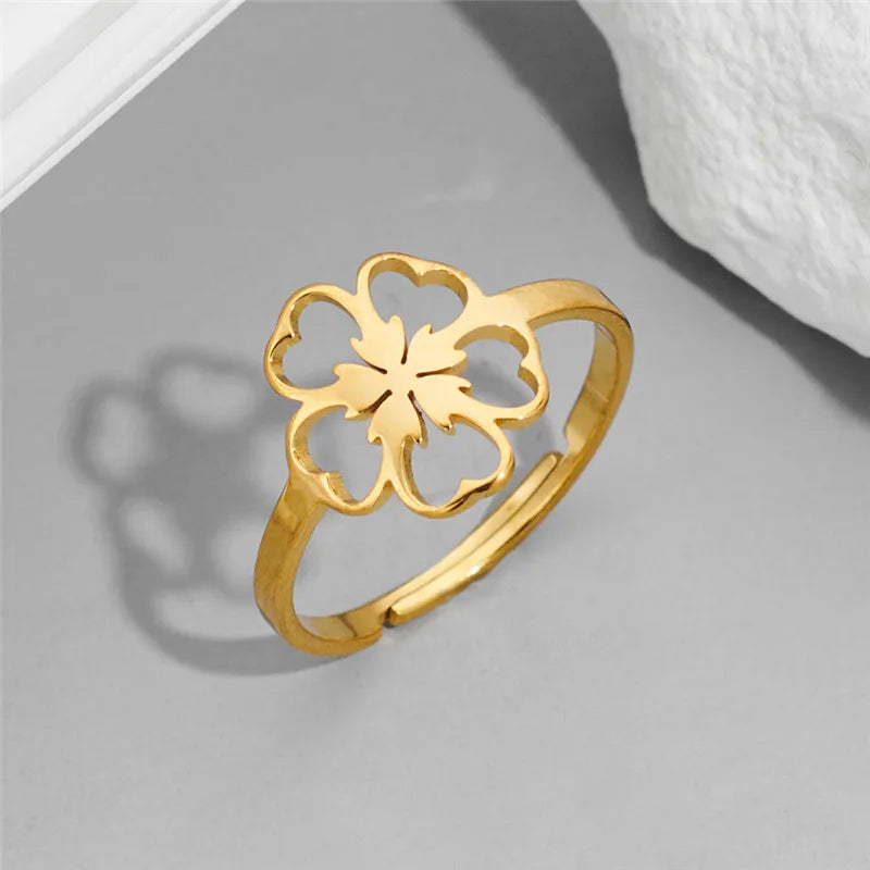 Exquisite Stainless Steel Lily Flower Adjustable Opening Rings Gold Plated Waterproof Finger Jewelry For Women Wedding Gift