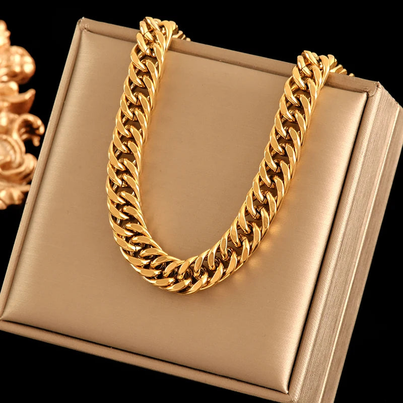 EILIECK 316L Stainless Steel Cuban Chain Statement Necklace For Women New Punk 18K Gold Plated Waterproof Neck Chain Jewelry