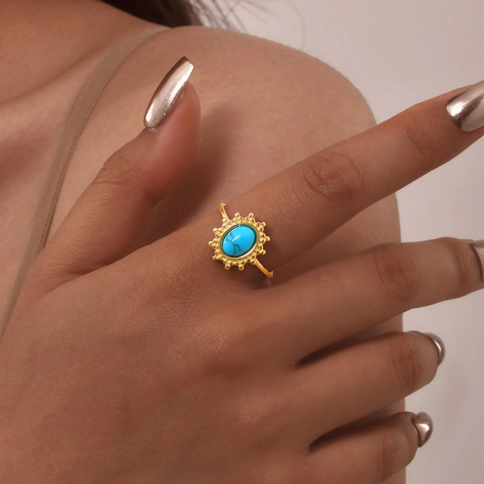 Waterproof Oval Healing Nature Stone Ring for Women, Stainles Steel Gold Plated Open Adjustable Finger Ring Vintage Jewelry