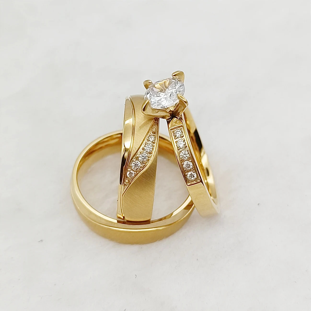 Couples Wedding Engagement Rings Set 3pcs Wholesale 18k Gold Plated Stainless SteeL Jewelry Finger Lovers Ringe with CZ Stones