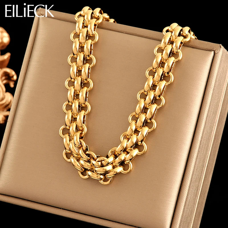 EILIECK 316L Stainless Steel Cuban Chain Statement Necklace For Women New Punk 18K Gold Plated Waterproof Neck Chain Jewelry