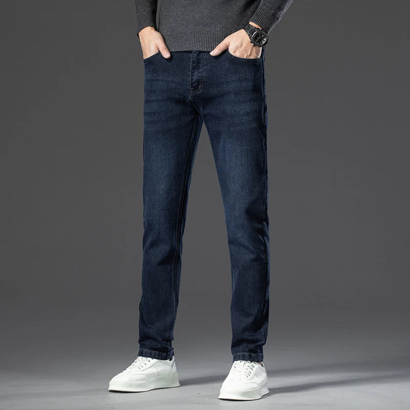 2024 Autumn Winter New High Elasticity Men's Business Jeans Haze Blue Black Gray Denim Trousers Men's Pants Work Clothes Brand