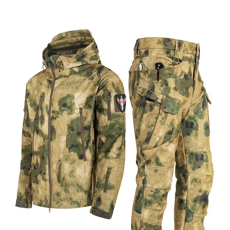 New Suits for Men Winter Tactical Sets Shark Skin Biker Jacket Hoodie Pants 2 Piece Set Waterproof Workwear Clothes Pockets