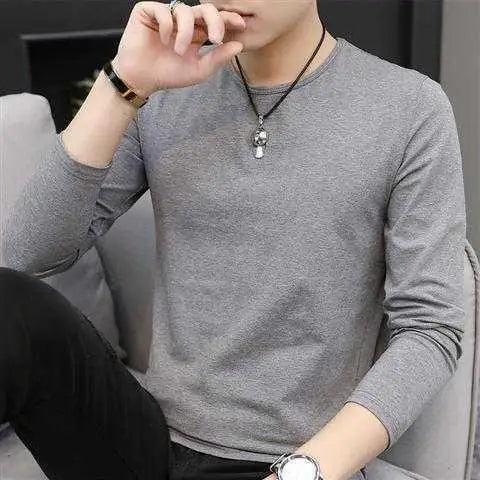 Men's Autumn Winter Ice Silk Long Sleeve T-Shirt Pure Color V-Neck Undershirt White Clothes New Trendy Inner Top Bottoming Shirt