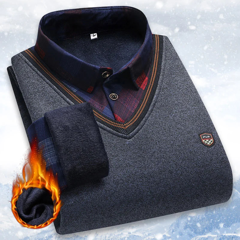 Men's Plush Sweater Autumn Winter Fake Two Piece Pullover Polo Shirt Collar Fleece Thick Warm Top Clothes Casual Jumpers