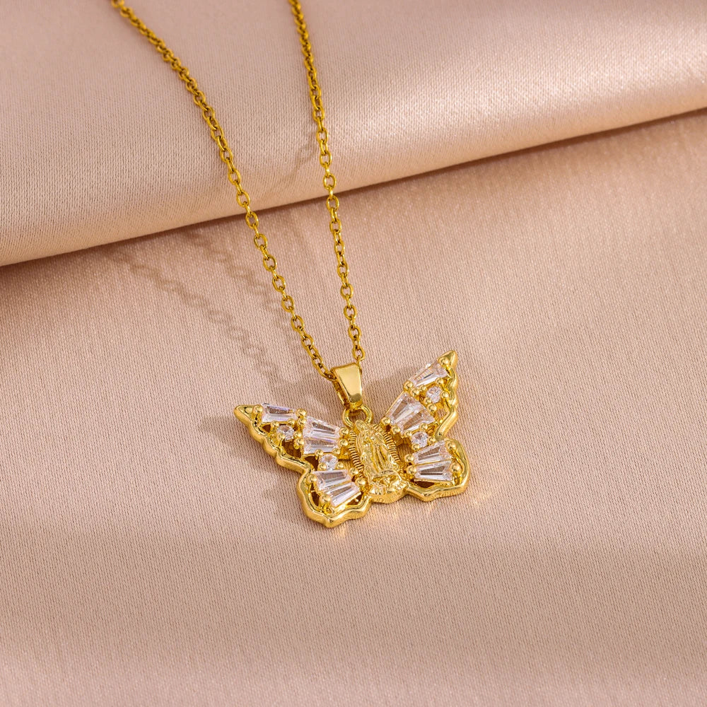 18K Gold Plated Virgin Mary Butterfly Pendant Necklaces For Women Female Daily Wear Stainless Steel Neck Chain Jewelry Ladies