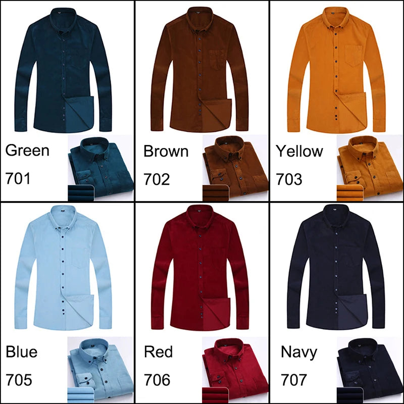 Men Casual Shirts Soft Leisure Solid Regular Fit Cotton Corduroy Long Sleeved Warm Man's Shirt New Easy Care  Oversized Clothes