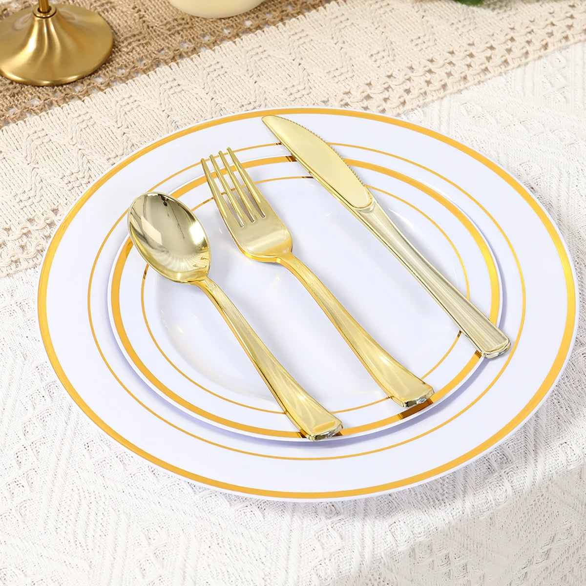 50Pieces White Gold Plastic Tableware Set  for Birthday Party, Baby Shower, Wedding Party Supplies