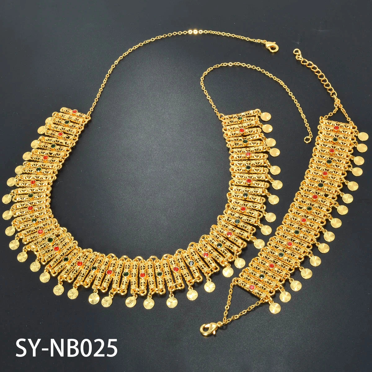 2024 New Style Zircon Gold Plated Pendant 2PCS Jewelry Sets Punk Neck Links Chains Female Hollow Bracelets Dubai Necklaces Gift