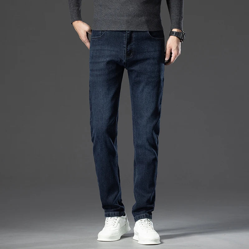 2024 Autumn Winter New High Elasticity Men's Business Jeans Haze Blue Black Gray Denim Trousers Men's Pants Work Clothes Brand