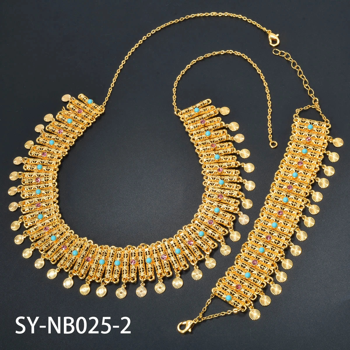 2024 New Style Zircon Gold Plated Pendant 2PCS Jewelry Sets Punk Neck Links Chains Female Hollow Bracelets Dubai Necklaces Gift
