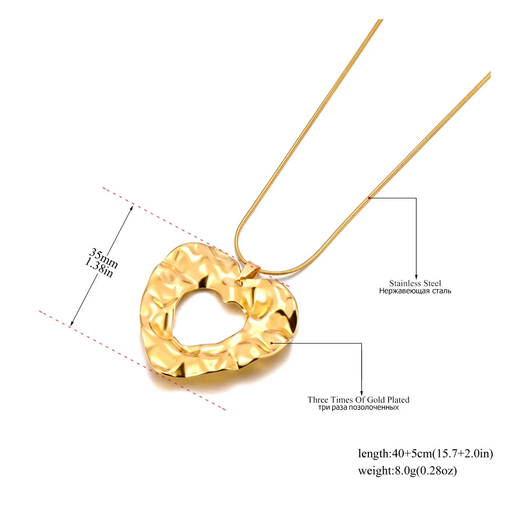 JeeMango Stainless Steel Handmade Cast Heart Pendant Necklace Gold Plated Waterproof Statement Neck Jewelry Bijoux Femme JN24074