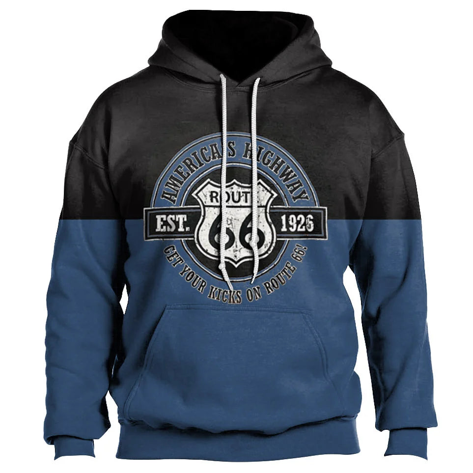 Vintage 66 Route Pullovers For Men Printed Biker Motor Sweatshirt Man Clothes Oversized Long Sleeve Top Tee Shirt Men's Hoodies