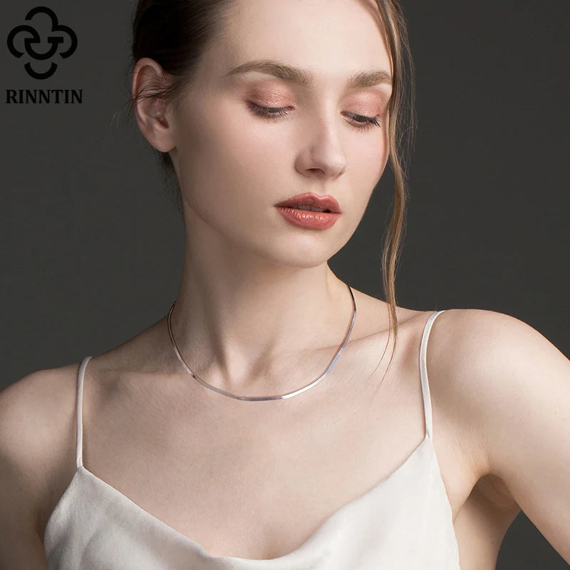 Rinntin 925 Sterling Silver Unique 3mm Gold Flat Herringbone Snake Chain for Women Punk Blade Neck Chain Necklace Jewelry SC35